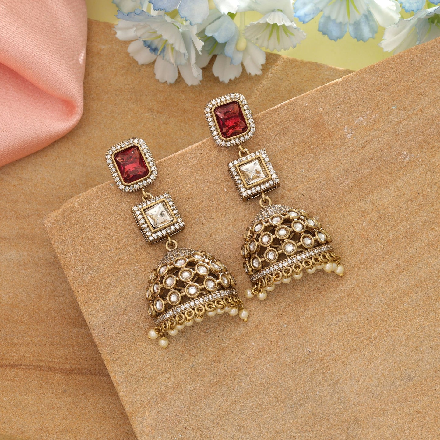 Magenta Farbe American Diamond Ohrringe Stilvolle Trendy Ethnische Schmuck Kollektion Design