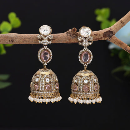 Stylish Light Pink Color American Diamond Earrings With Graceful Traditional Fashion Look