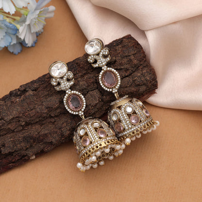Stylish Light Pink Color American Diamond Earrings With Graceful Traditional Fashion Look