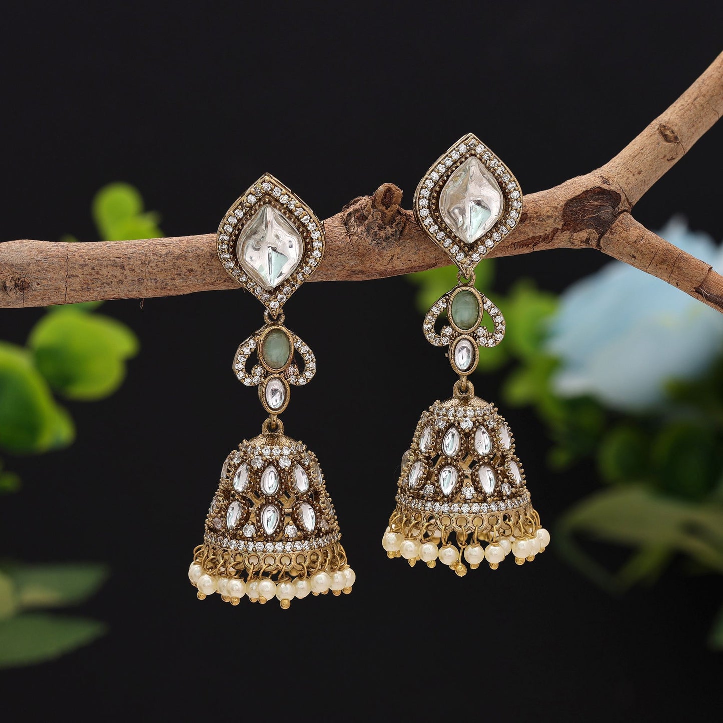 Graceful Pista Green Color American Diamond Earrings For Festive Traditional Fashion Styling