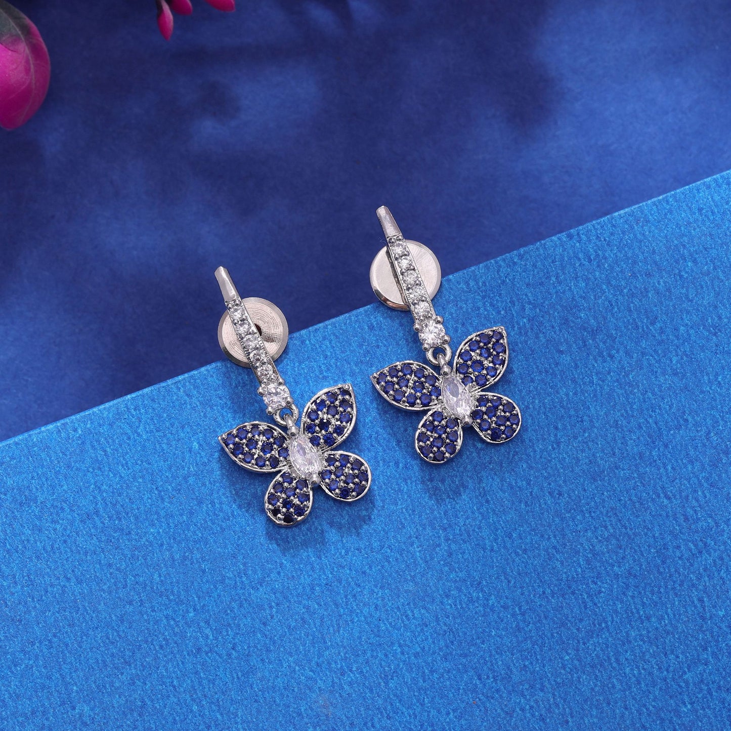 Navy Blue Color American Diamond Earrings with Elegant Party Style