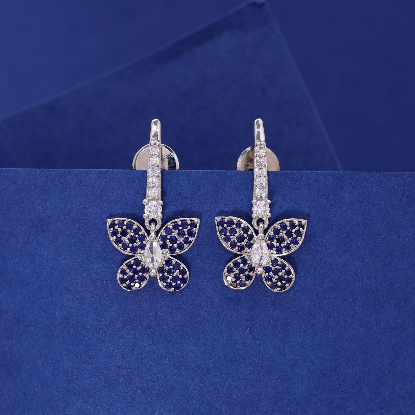 Navy Blue Color American Diamond Earrings with Elegant Party Style