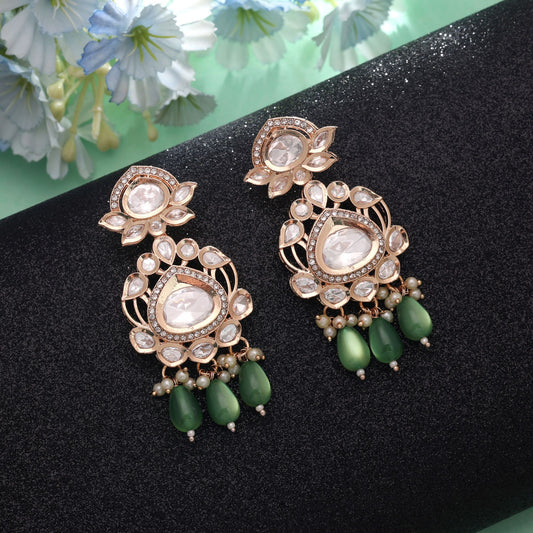 Polki Kundan & American Diamond Green Color Drop Earrings Crafted for Elegant Everyday Fashion Wear