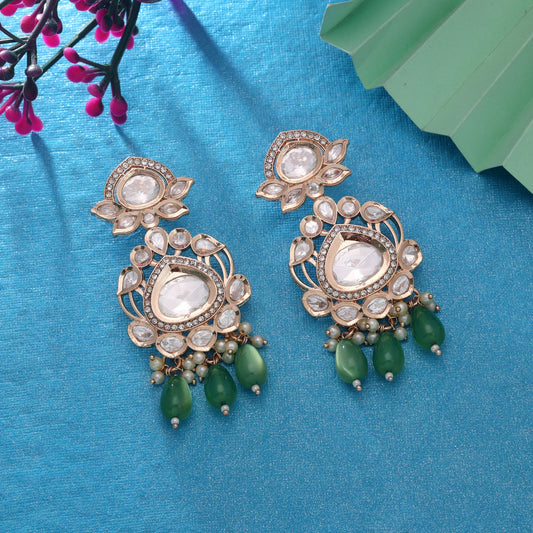 Polki Kundan & American Diamond Green Color Drop Earrings Crafted for Elegant Everyday Fashion Wear