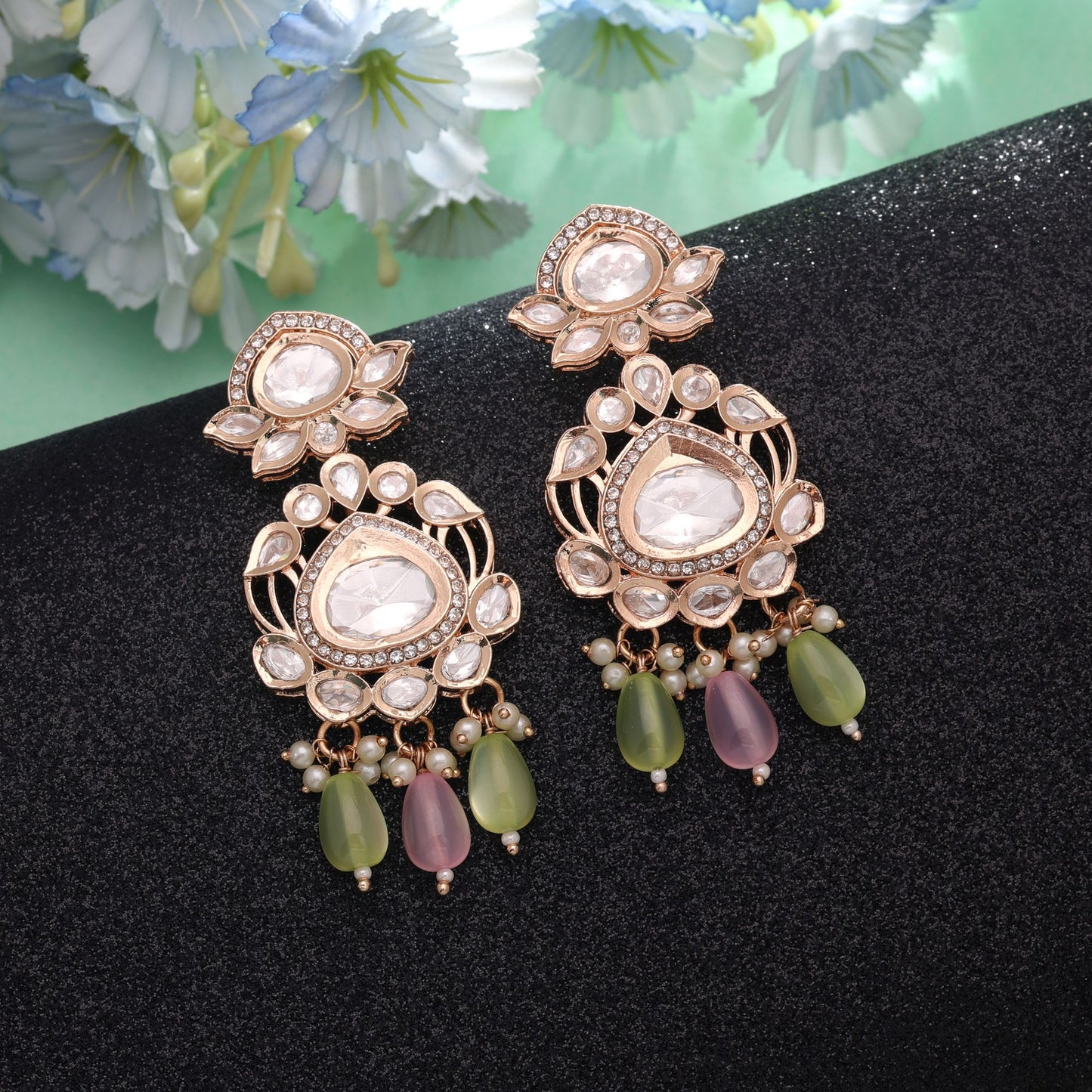 Light Pink & Light Green Color American Diamond Earrings Featuring Luxury Crystal Finish