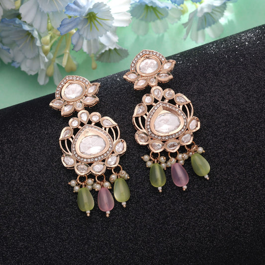 Polki Kundan & American Diamond Light Pink & Light Green Color Drop American Diamond Earrings Featuring Luxury Crystal Finish