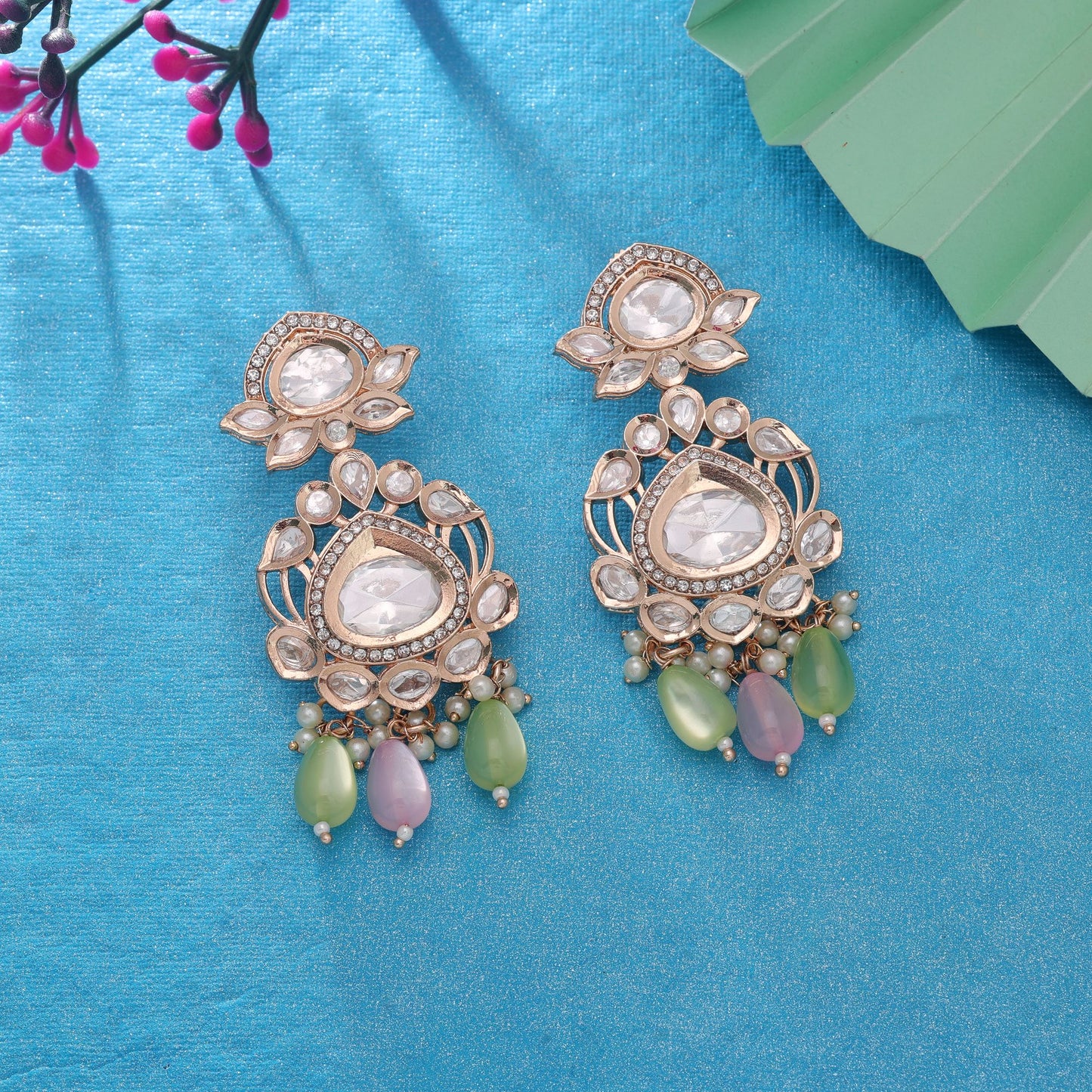 Light Pink & Light Green Color American Diamond Earrings Featuring Luxury Crystal Finish