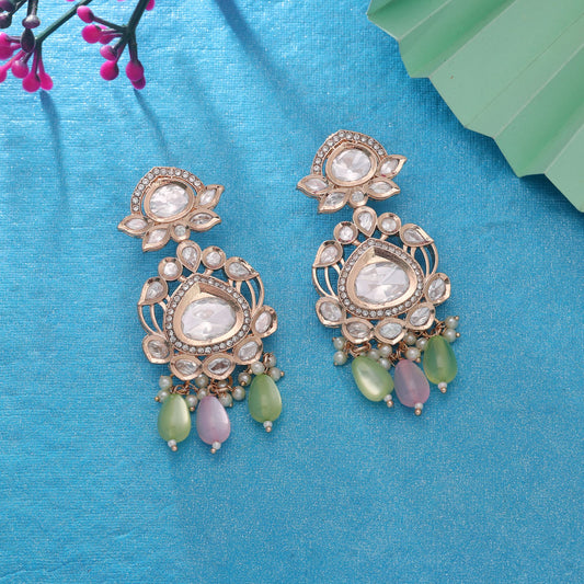 Polki Kundan & American Diamond Light Pink & Light Green Color Drop American Diamond Earrings Featuring Luxury Crystal Finish