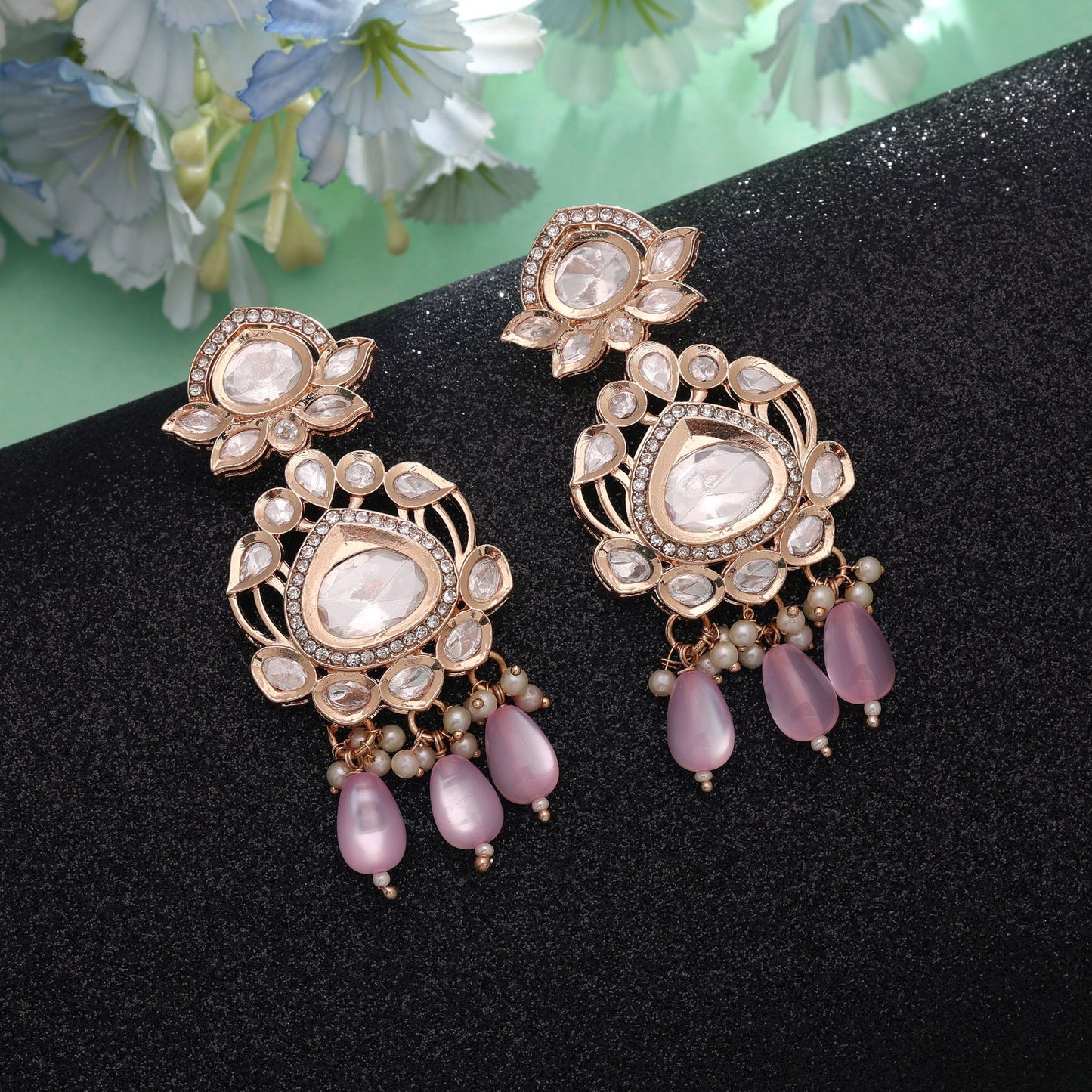 Light Pink Color American Diamond Earrings with Stylish Sparkling Designer Appeal