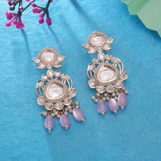 Polki Kundan & American Diamond Light Pink Color Drop Earrings with Stylish Sparkling Designer Appeal