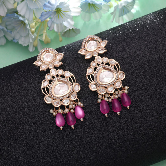 Polki Kundan & American Diamond Pink Color Drop Earrings Featuring Premium Crystal Fashion Finish