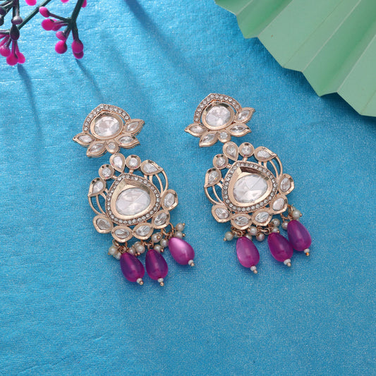 Polki Kundan & American Diamond Pink Color Drop Earrings Featuring Premium Crystal Fashion Finish
