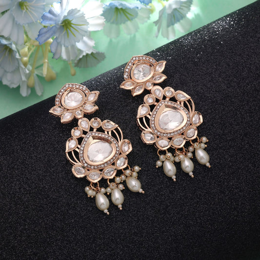 Polki Kundan & American Diamond White Color Drop Earrings with Elegant Sparkling Party Wear Design