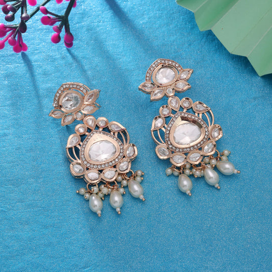 Polki Kundan & American Diamond White Color Drop Earrings with Elegant Sparkling Party Wear Design