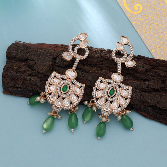 Polki Kundan & American Diamond Green Color Drop Earrings with Elegant Sparkling Designer Party Look