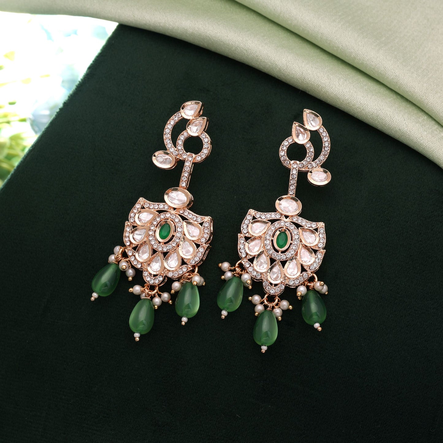Green Color American Diamond Earrings with Elegant Sparkling Designer Party Look