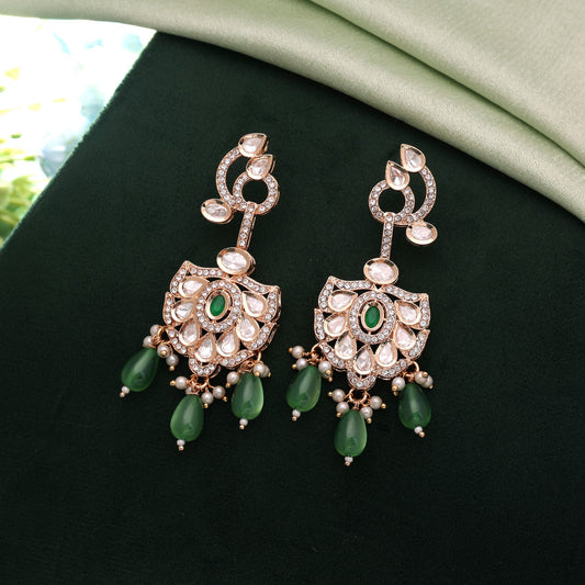 Polki Kundan & American Diamond Green Color Drop Earrings with Elegant Sparkling Designer Party Look