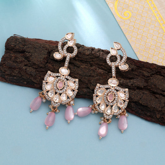 Polki Kundan & American Diamond Light Pink Color Drop Earrings Featuring Graceful Modern Jewelry Style