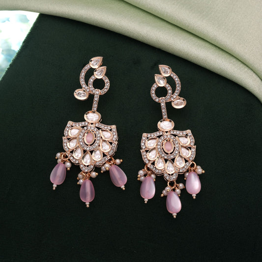 Polki Kundan & American Diamond Light Pink Color Drop Earrings Featuring Graceful Modern Jewelry Style