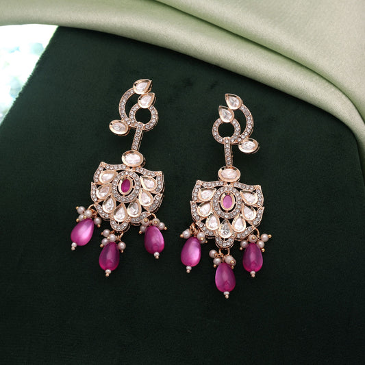 Polki Kundan & American Diamond Pink Color Drop Earrings Crafted with Beautiful Premium Crystal Design