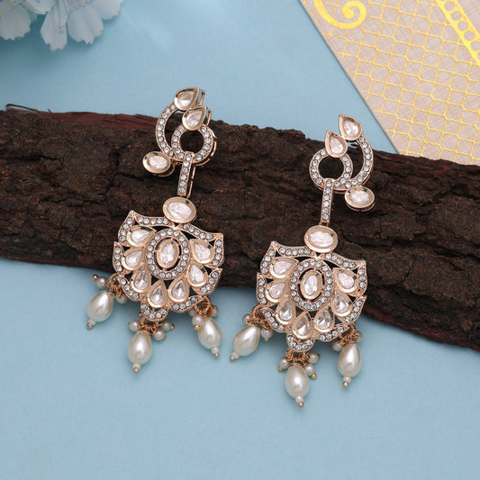 Polki Kundan & American Diamond White Color Drop Earrings with Classic Elegant Party Wear Jewelry Style