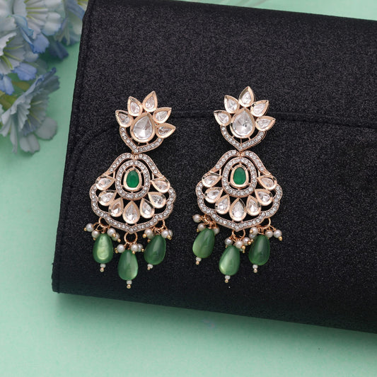 Polki Kundan & American Diamond Green Color Drop Earrings with Premium Sparkling Crystal Work Design