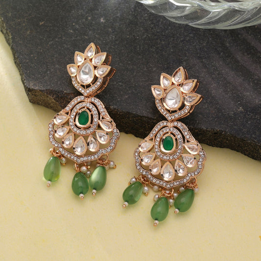 Polki Kundan & American Diamond Green Color Drop Earrings with Premium Sparkling Crystal Work Design