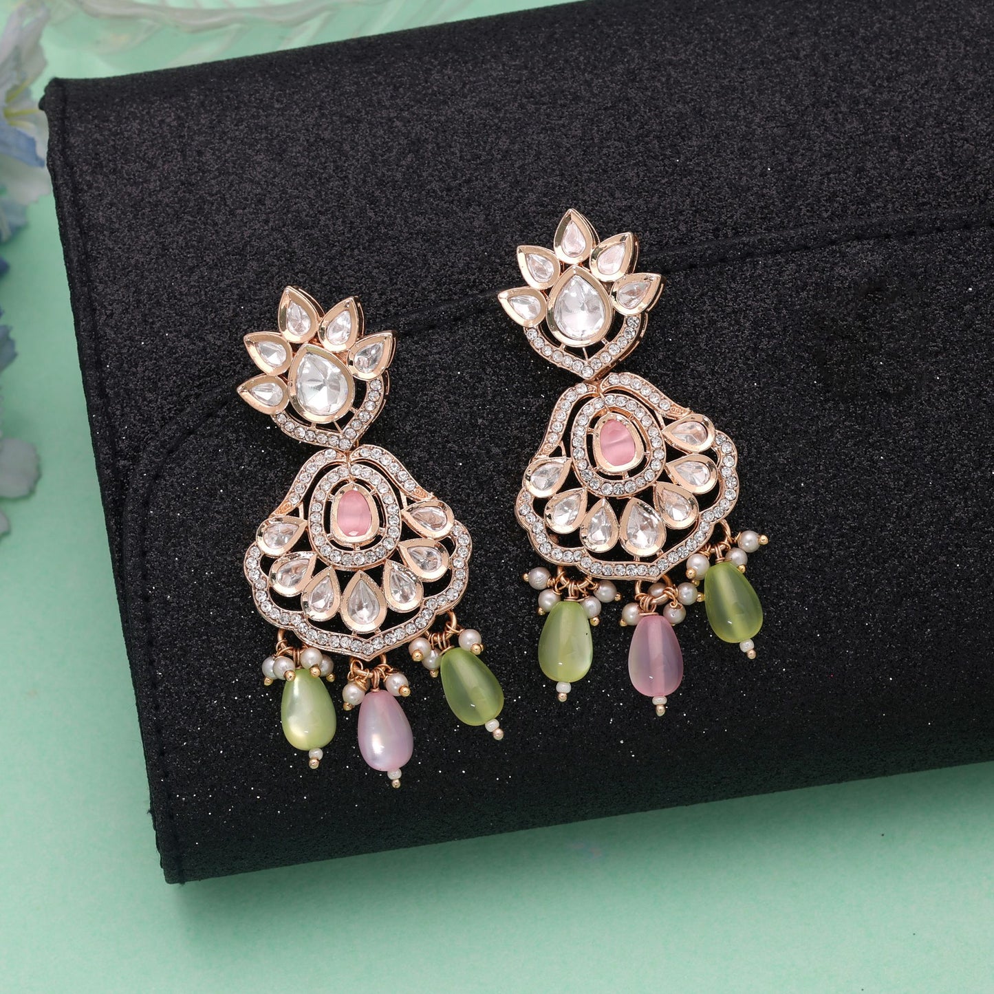Light Pink & Light Green Color American Diamond Earrings with Royal Fashion Finish