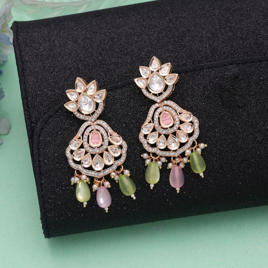 Polki Kundan & American Diamond Light Pink & Light Green Color Drop Earrings with Royal Fashion Finish