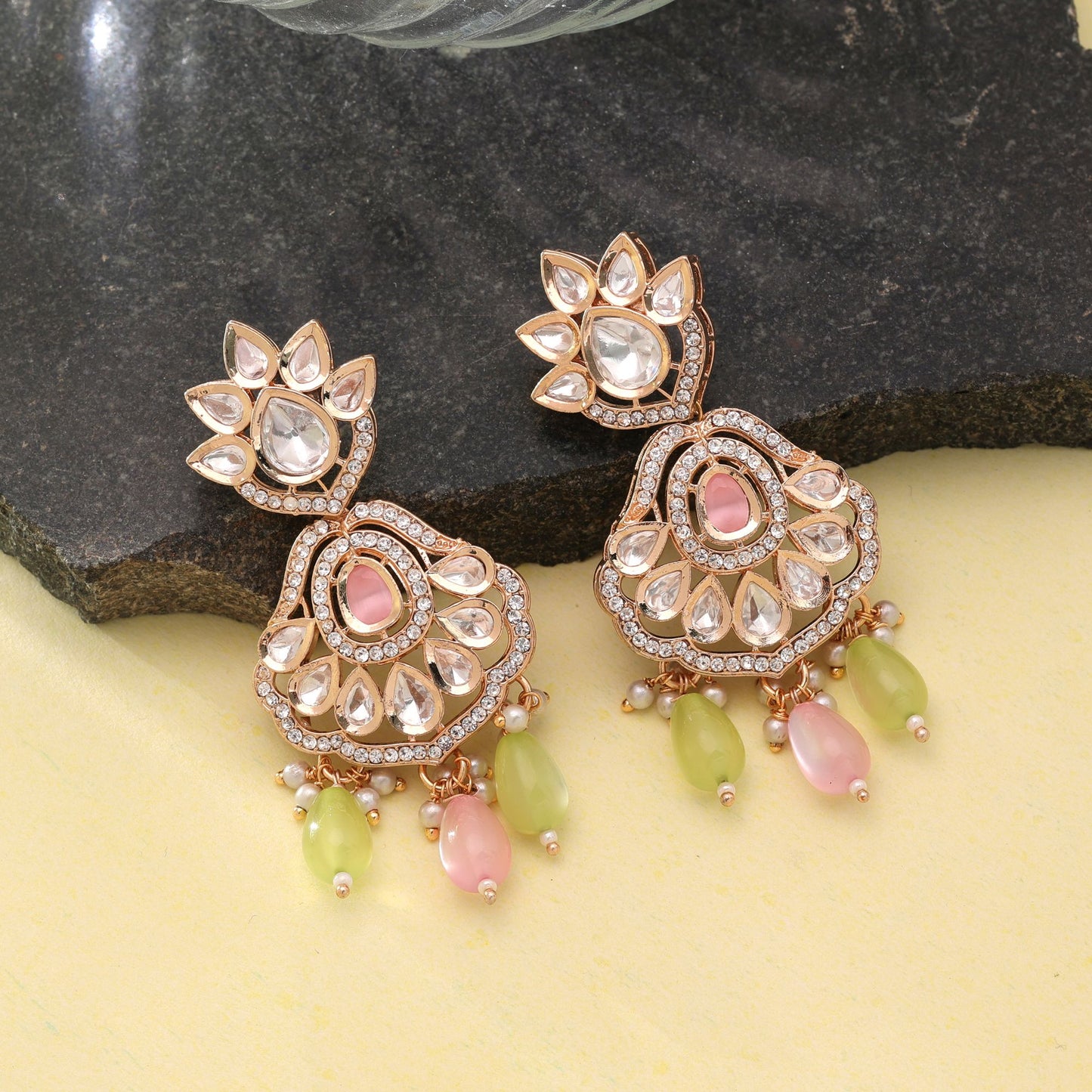 Light Pink & Light Green Color American Diamond Earrings with Royal Fashion Finish