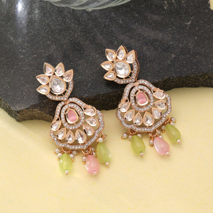 Light Pink & Light Green Color American Diamond Earrings with Royal Fashion Finish