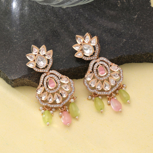 Polki Kundan & American Diamond Light Pink & Light Green Color Drop Earrings with Royal Fashion Finish