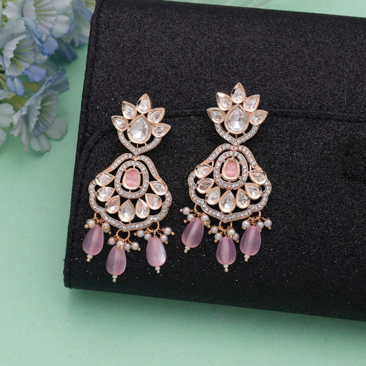 Polki Kundan & American Diamond Light Pink Color Drop Earrings Crafted for Elegant Everyday Jewelry Style