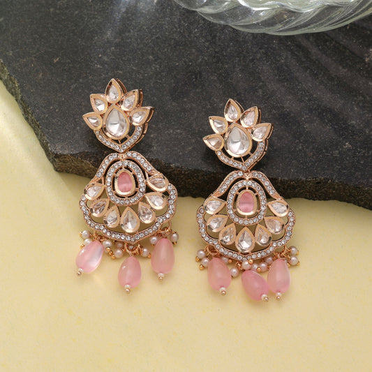 Polki Kundan & American Diamond Light Pink Color Drop Earrings Crafted for Elegant Everyday Jewelry Style