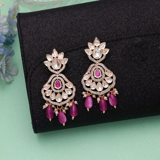 Polki Kundan & American Diamond Pink Color Drop Earrings Featuring Elegant Designer Fashion Jewelry Style