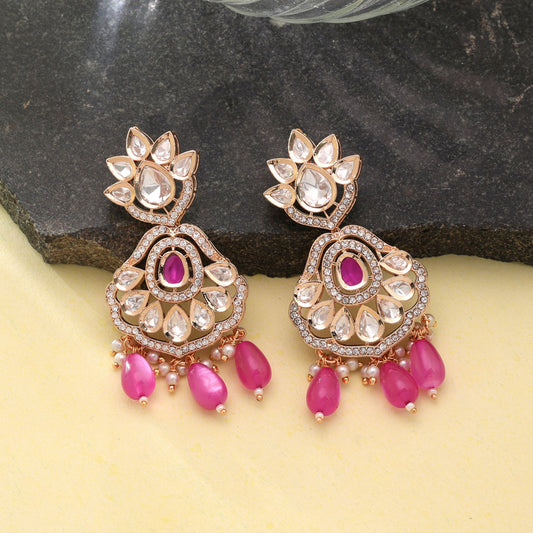 Polki Kundan & American Diamond Pink Color Drop Earrings Featuring Elegant Designer Fashion Jewelry Style