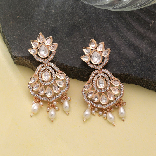 Polki Kundan & American Diamond White Color Drop Earrings Crafted with Premium Elegant Crystal Finish