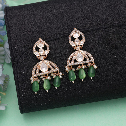 Polki Kundan & American Diamond Green Color Drop Earrings with Elegant Premium Crystal Party Wear Style