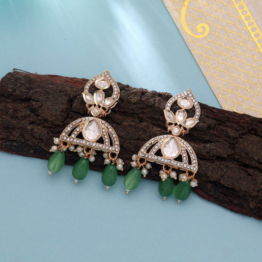 Polki Kundan & American Diamond Green Color Drop Earrings with Elegant Premium Crystal Party Wear Style