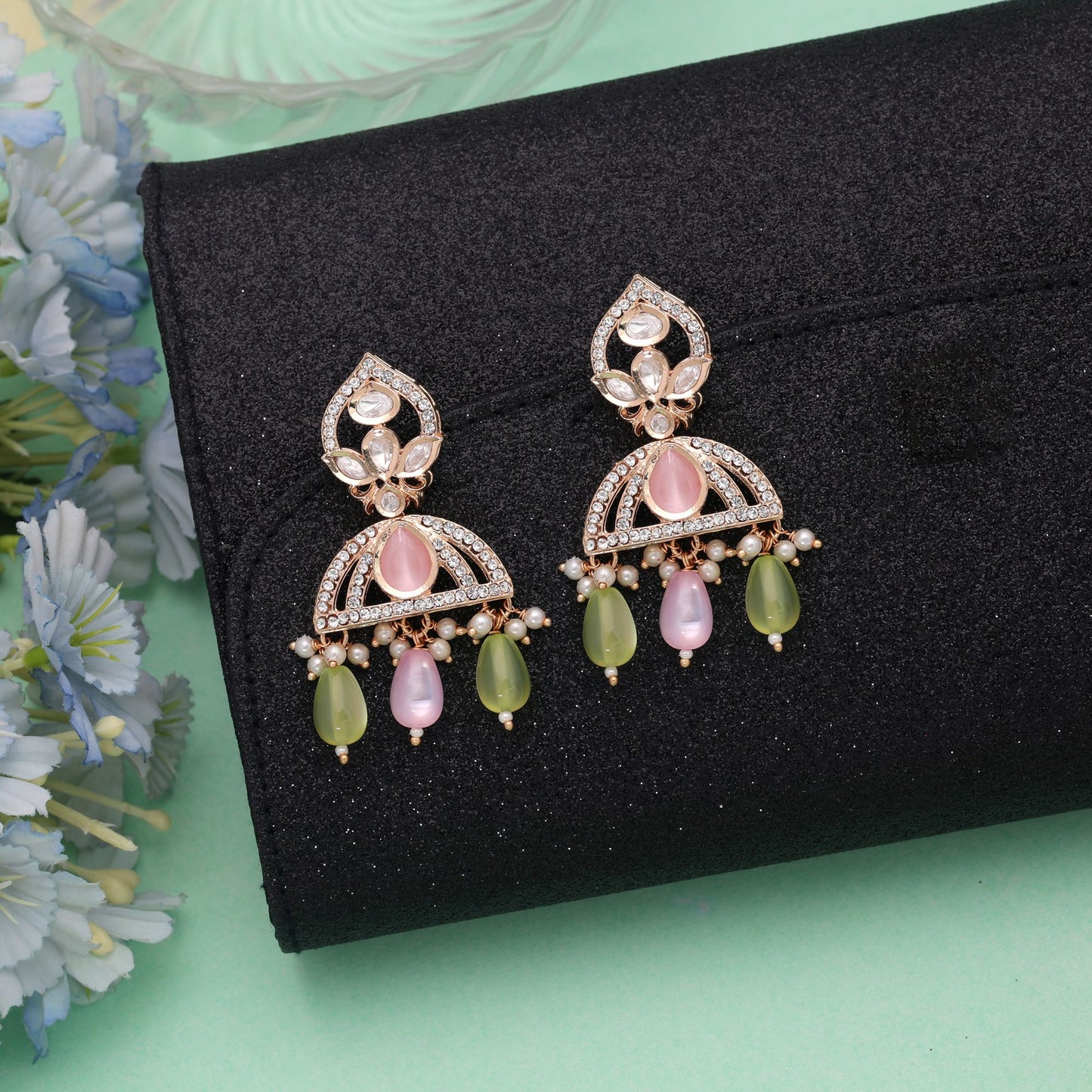 Light Pink & Light Green Color American Diamond Earrings with Luxury Crystal Appeal