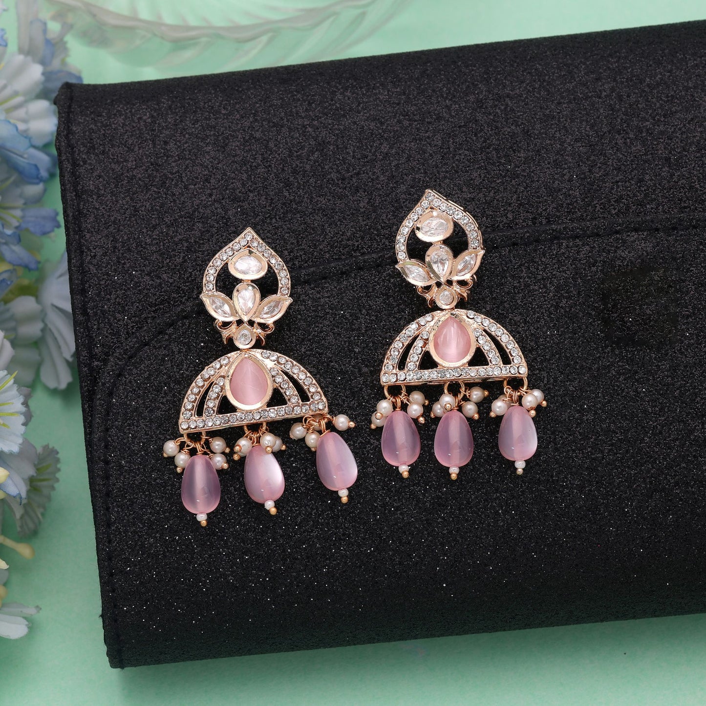 Light Pink Color American Diamond Earrings Featuring Premium Stylish Crystal Finish