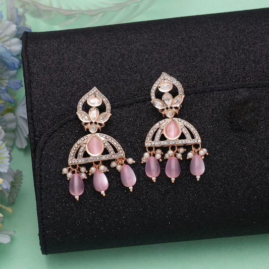 Polki Kundan & American Diamond Light Pink Color Drop Earrings Featuring Premium Stylish Crystal Finish