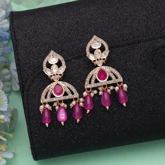 Polki Kundan & American Diamond Pink Color Drop Earrings with Trendy Sparkling Fashion Jewelry Appeal