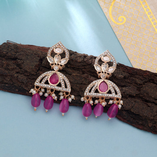 Polki Kundan & American Diamond Pink Color Drop Earrings with Trendy Sparkling Fashion Jewelry Appeal