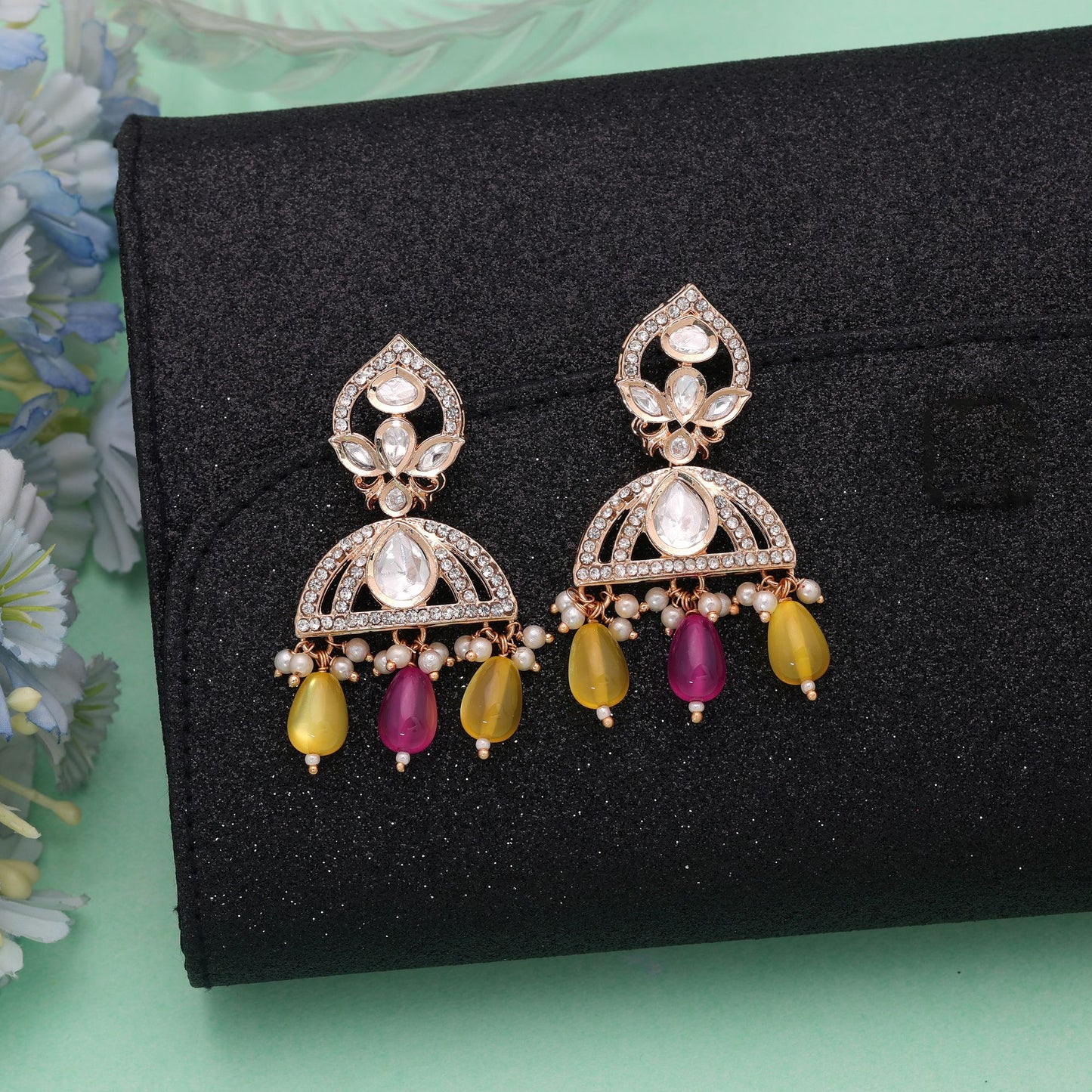 Pink & Yellow Color American Diamond Earrings Featuring Bright Designer Fashion Look