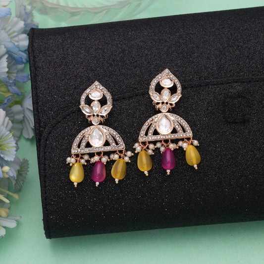 Polki Kundan & American Diamond Pink & Yellow Color Drop Earrings Featuring Bright Designer Fashion Look