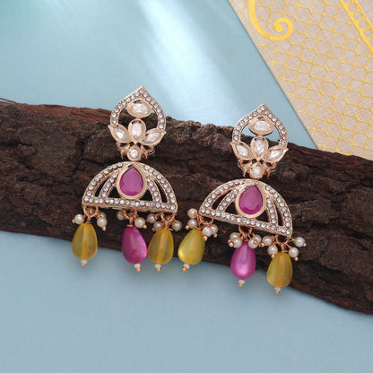 Pink & Yellow Color American Diamond Earrings Featuring Bright Designer Fashion Look