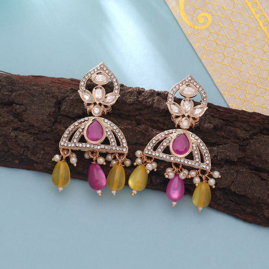 Polki Kundan & American Diamond Pink & Yellow Color Drop Earrings Featuring Bright Designer Fashion Look