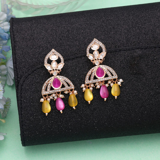 Polki Kundan & American Diamond Yellow Color Drop Earrings with Beautiful Sparkling Elegant Jewelry Style