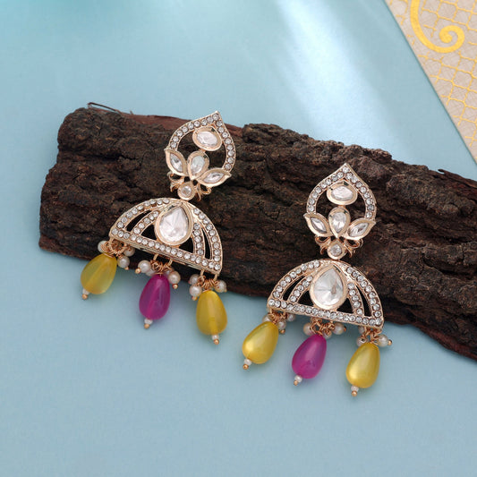 Polki Kundan & American Diamond Yellow Color Drop Earrings with Beautiful Sparkling Elegant Jewelry Style